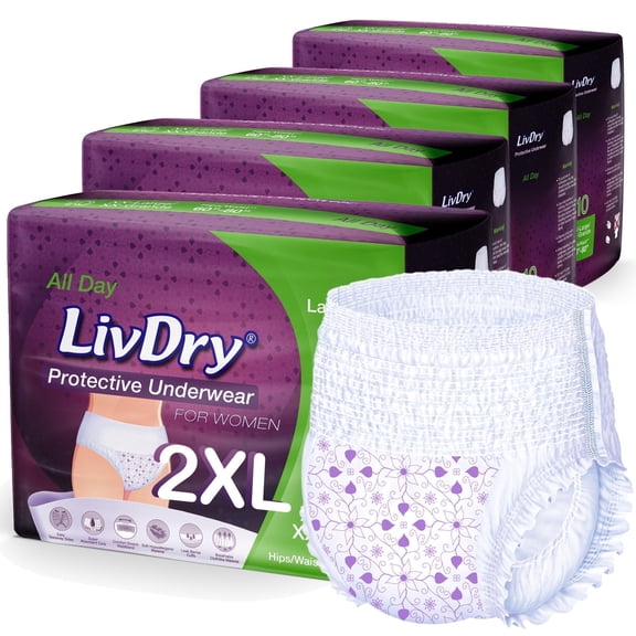LivDry Womens Adult Incontinence Underwear, Purple Flowers, Super Comfort Absorbency (2XL, 40-Pack)