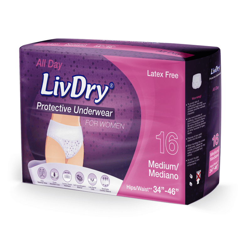 LivDry Womens Adult Incontinence Underwear, Purple Flowers, Super Comfort  Absorbency (Medium, 16-Pack) 