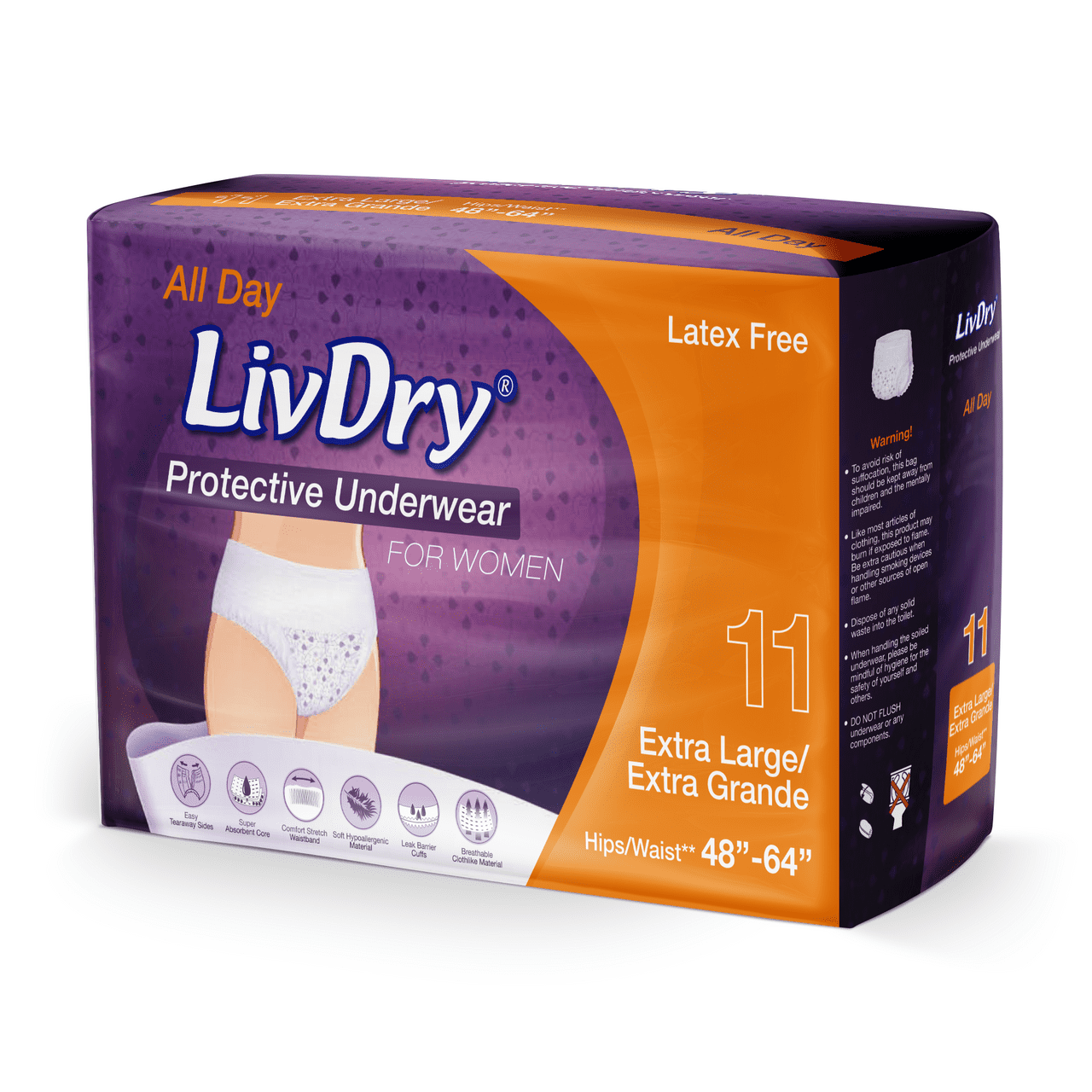 LivDry Womens Adult Incontinence Underwear, Purple Flowers, Super Comfort  Absorbency (X-Large, 11-Pack) 
