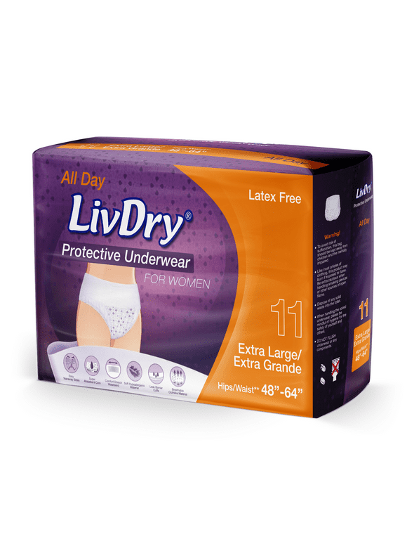 LivDry Womens Adult Incontinence Underwear, Purple Flowers, Super Comfort Absorbency (X-Large, 11-Pack)