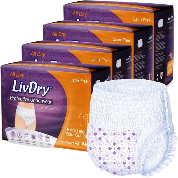LivDry Womens Adult Incontinence Underwear, Purple Flowers, Super Comfort Absorbency (X-Large, 44-Pack)