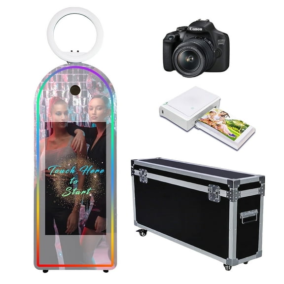LivFiv Magic Mirror Photobooth with 32" Selfie Touch Screen and Flight Case for Wedding Party