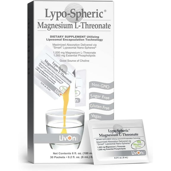 LivOn Laboratories Lypo-Spheric Magnesium L-Threonateb, Liposome Encapsulated, 77 mg, 30 Packets