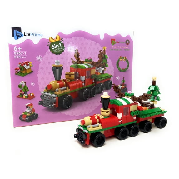 LivPrime Christmas Train Building Block Set - 6-in-1 Holiday Set for Kids, Create a Festive Train, or Build 6 Mini Festive Items, 270 pcs, Ages 6+