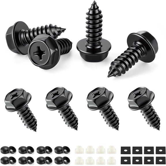 LivTee Rustproof License Plate Screws for Securing License Plates Frames and Covers on Cars and Trucks, 4 Sets Premium Stainless Steel Self Tapping Mounting Bolts (Black Zinc Plated)