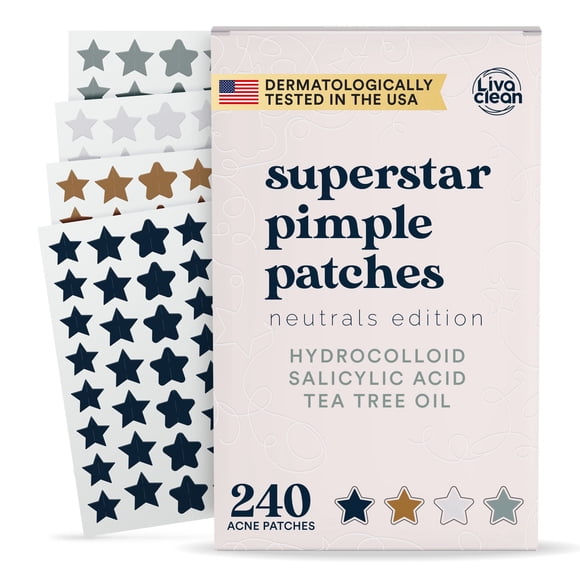 LivaClean 240 CT Neutrals Pimple Patches for Face w/Tea Tree, Hydrocolloid Acne Patches Cute Star Pimple Patch for Healing, Cute Face Stickers, Zit Patch