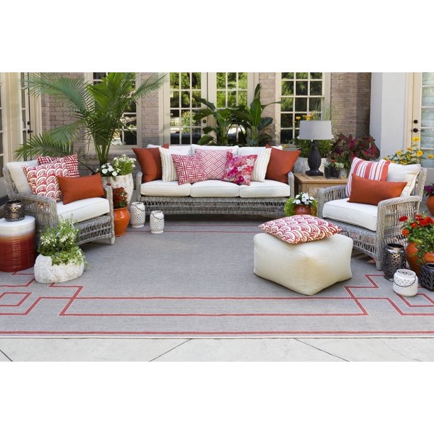 Livabliss Alfresco Cottage Indoor/Outdoor Area Rug,8'10" Square,Beige/Red