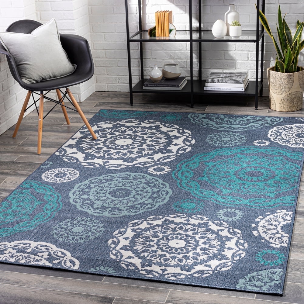 Livabliss Outdoor Rugs, 9x13 Alfresco Cottage Blue Area Rug for Patio, Porch, Deck, Backyard, Waterproof Indoor Outdoor Carpet (8'10" x 12'10")