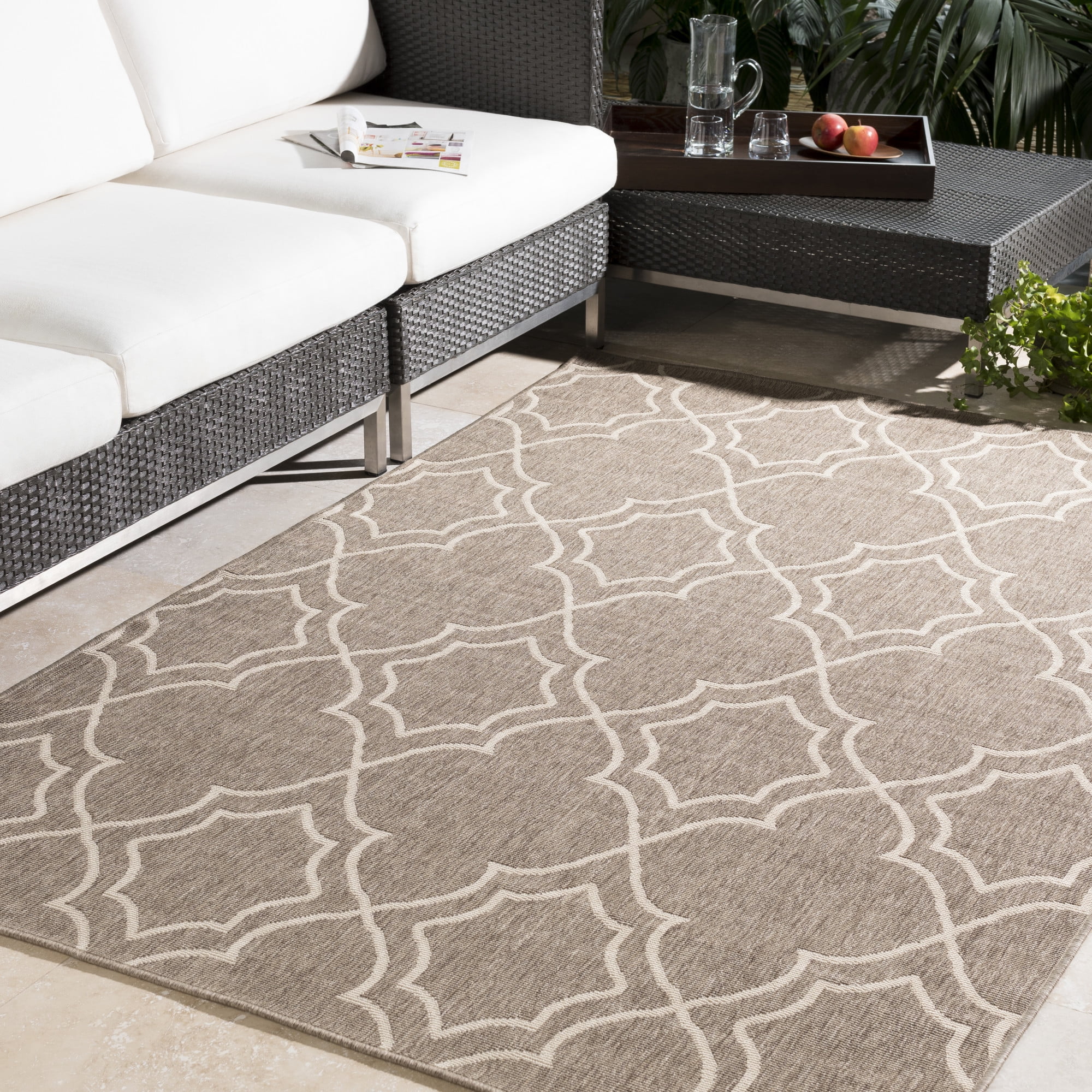 Brown Square Trellis Synthetic Easy Care Outdoor Rug