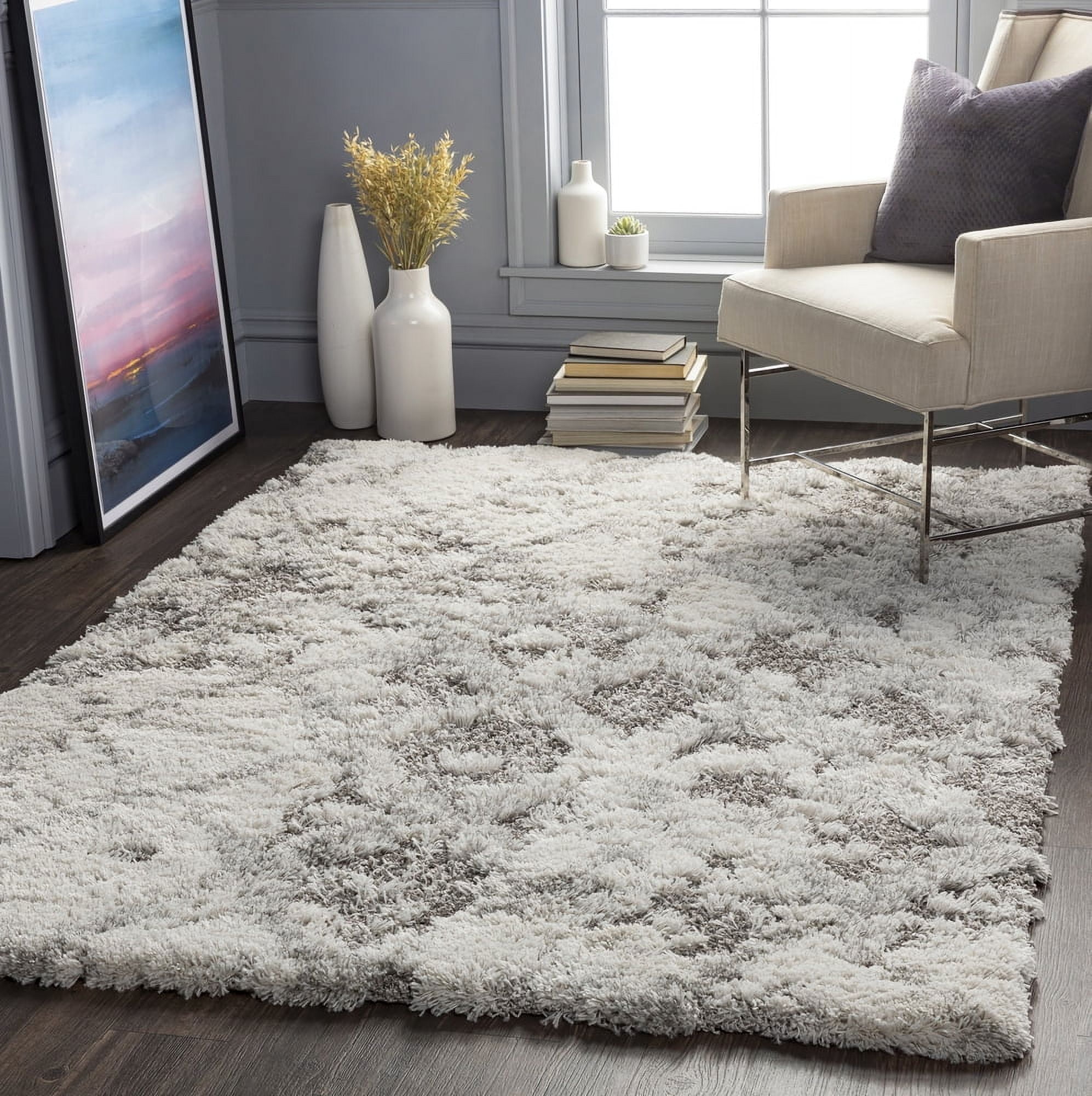 Gray Rectangular Shag Rug with Geometric Pattern