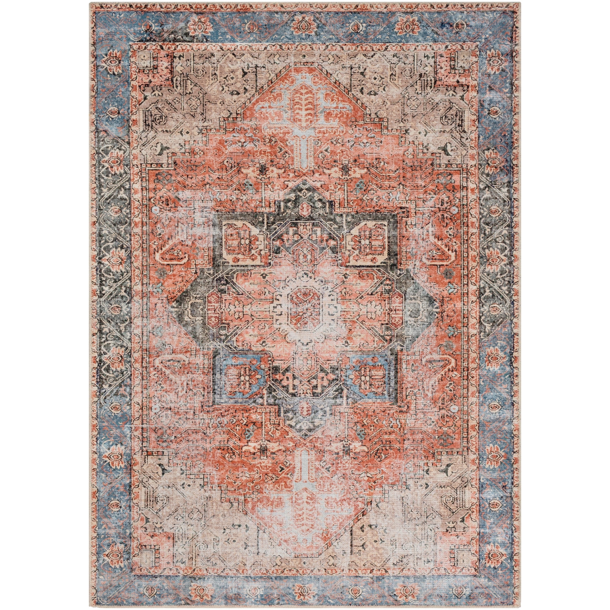 Vintage Blue and Rust Chenille Polyester Washable Area Rug