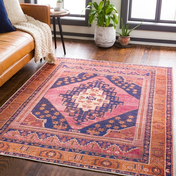 Livabliss Amelie Vintage Washable Area Rug,6'7" x 9',Rose/Dark Blue