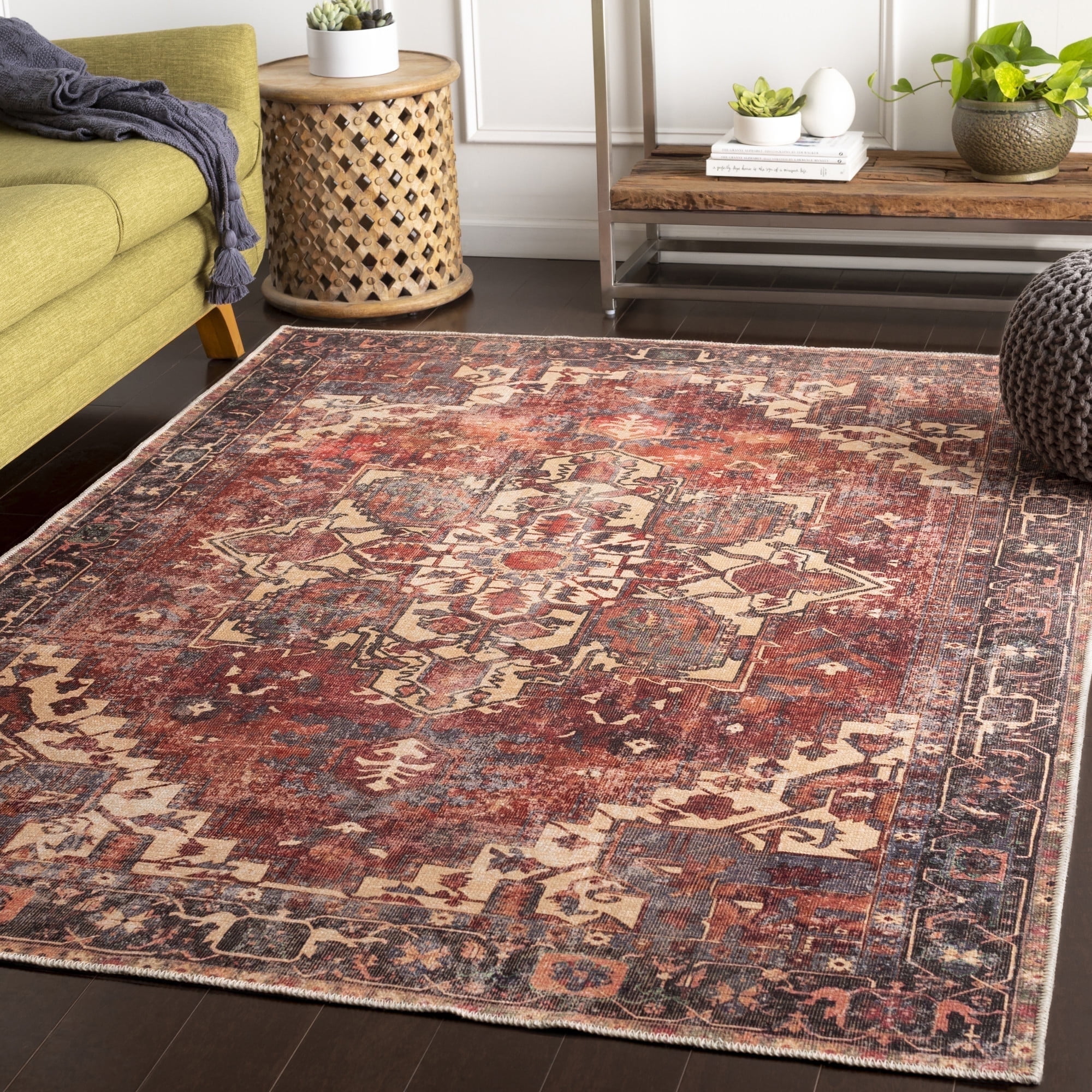 Rust Red Chenille Vintage Washable 6'7" x 9' Area Rug