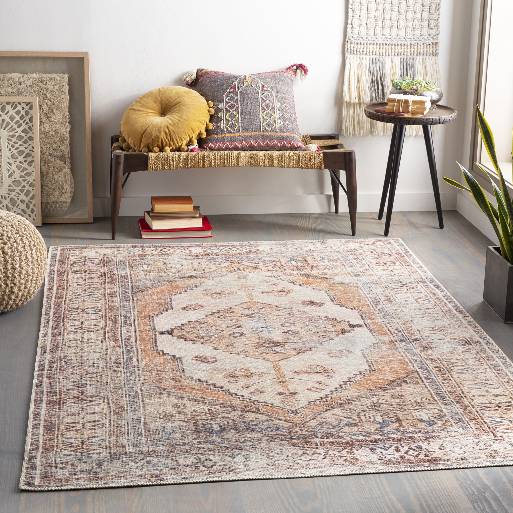 Vintage Medallion Camel Chenille Area Rug, 7'10" x 10'2"