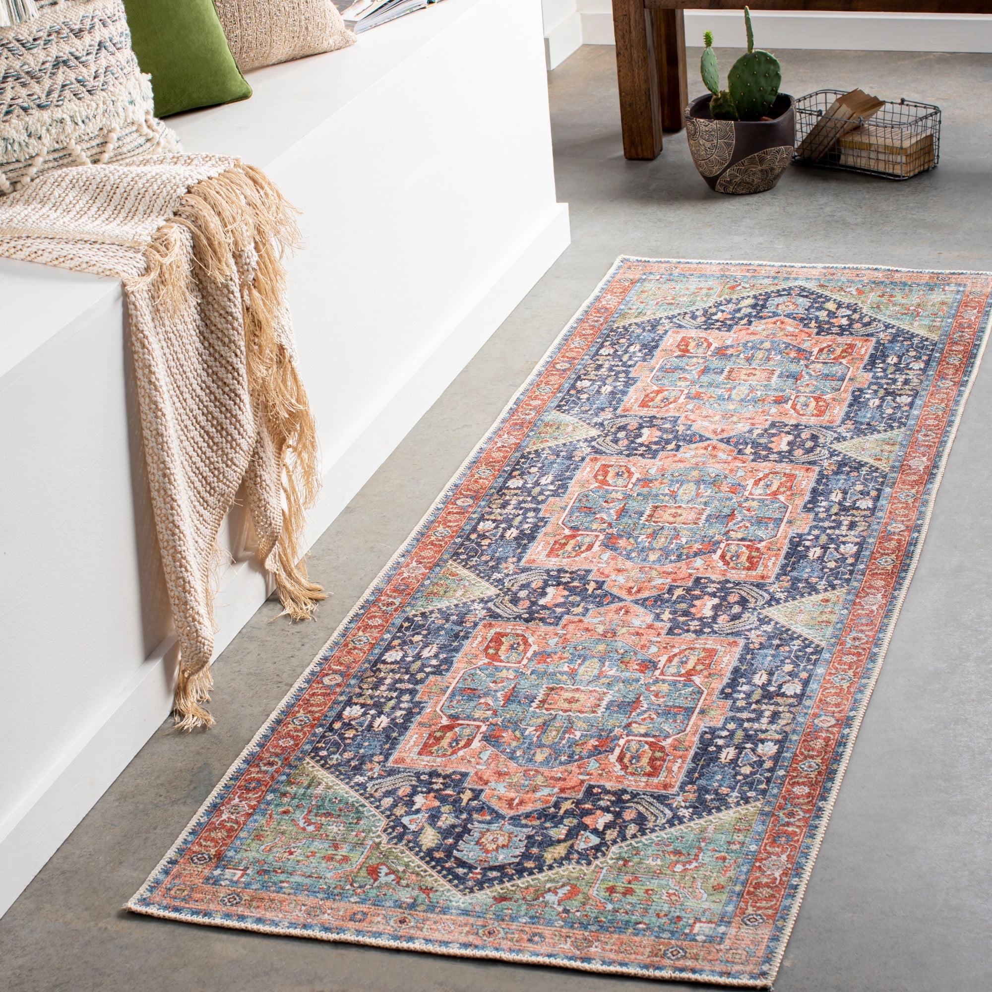 Livabliss Washable Rugs for Living Room, 3x16 Amelie Traditional Blue Runner Area Rug, Bedroom Dining Room Home Decor Stain Resistant Carpet (2'7" x 16' Runner)