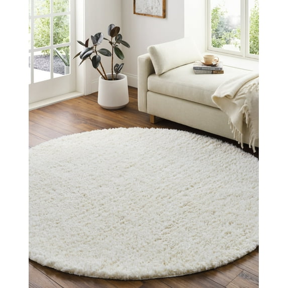 Livabliss Area Rugs for Living Room, 7ft Round Angora Modern Cream Round Rug, Bedroom Dining Room Home Decor Stain Resistant Carpet (6'7" x 6'7")