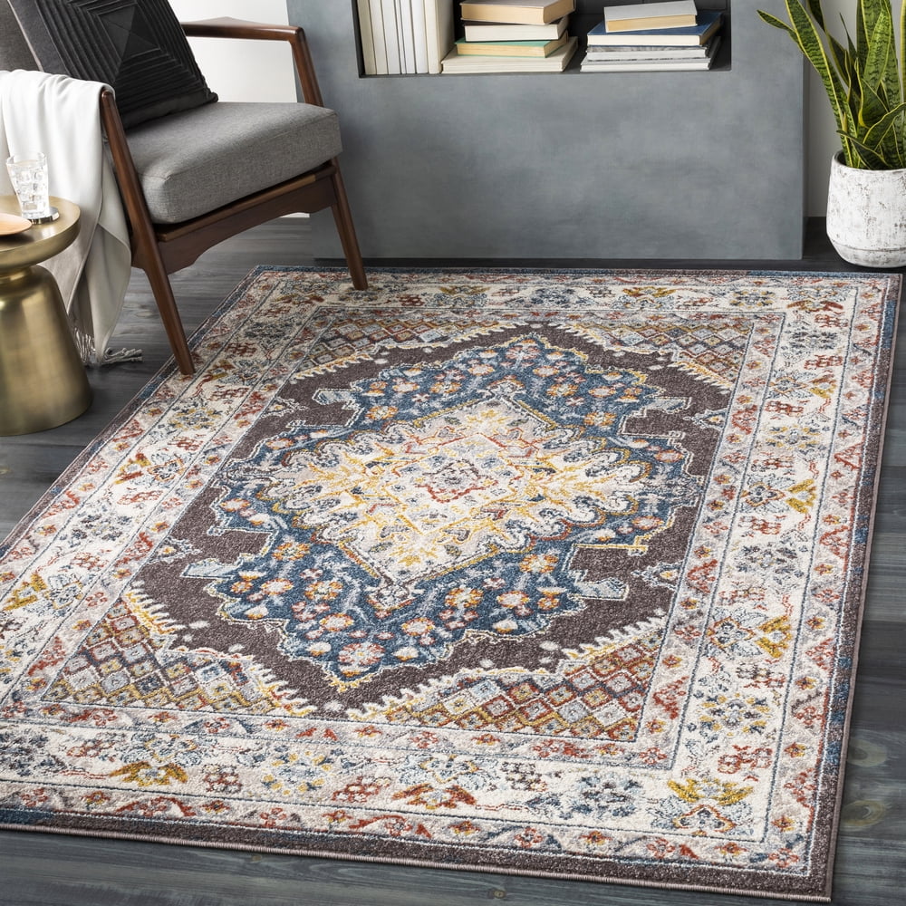 Ankara Dark Brown Synthetic Oriental Medallion Area Rug, 6'7" x 9'