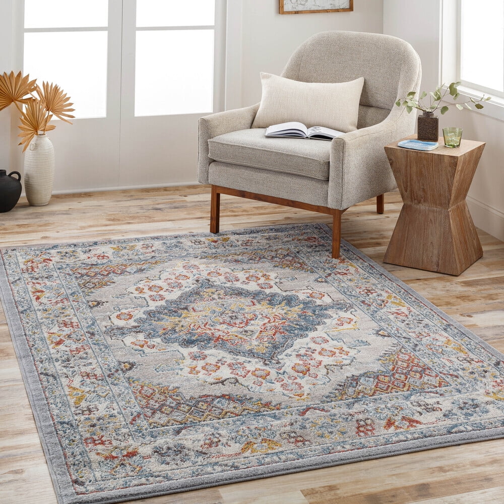 Gray and Beige Polypropylene Traditional Medallion Area Rug