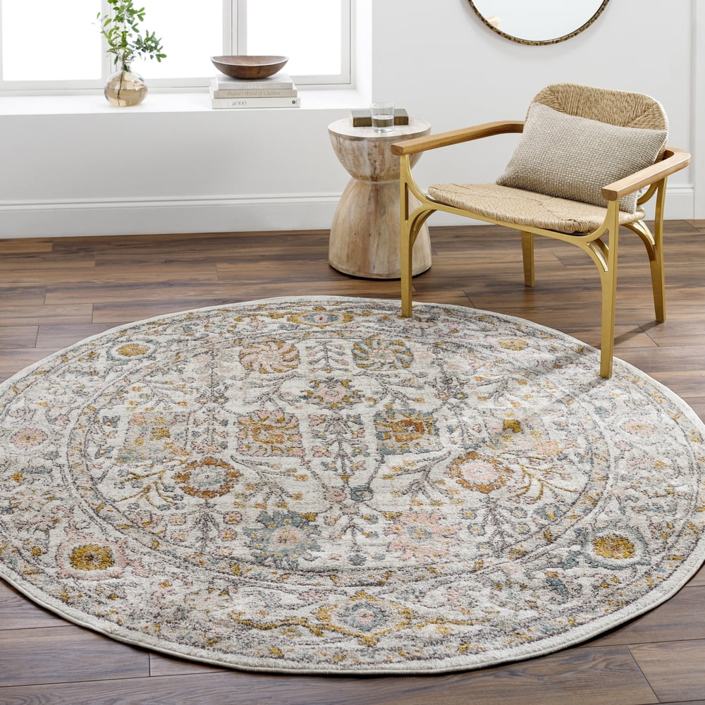 Ankara Blue Polypropylene Round Washable Area Rug, 5'3"
