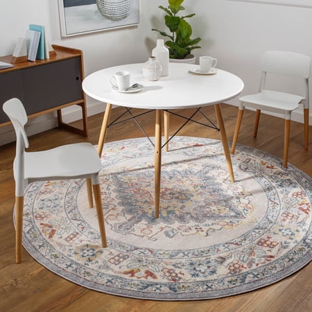 Livabliss Area Rugs for Living Room, 5ft Round Ankara Traditional Gray Round Rug, Bedroom Dining Room Home Decor Stain Resistant Carpet (5'3" x 5'3")