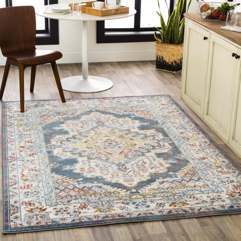 Teal and Beige Rectangular Synthetic Medallion Area Rug