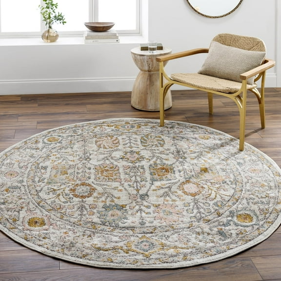 Livabliss Area Rugs for Living Room, 9ft Round Ankara Traditional Dusty Pink Round Rug, Bedroom Dining Room Home Decor Stain Resistant Carpet (7'10" x 7'10")