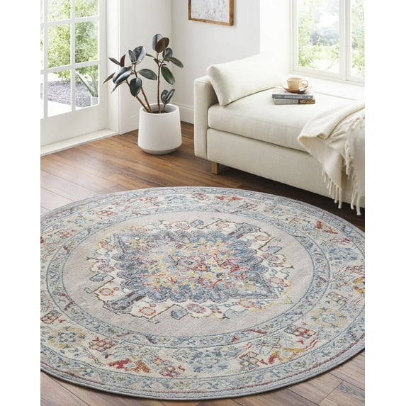 Livabliss Area Rugs for Living Room, 9ft Round Ankara Traditional Gray Square Rug, Bedroom Dining Room Home Decor Stain Resistant Carpet (7'10" x 7'10")