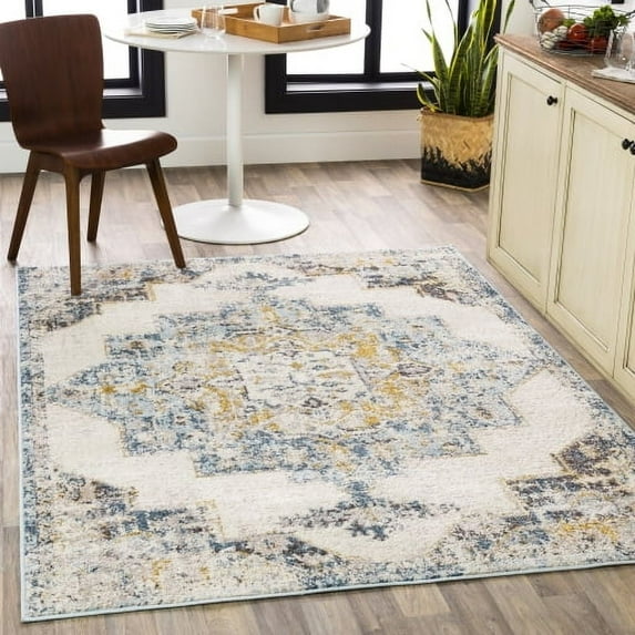 Livabliss Area Rugs for Living Room, 7ft Round Ankara Traditional Ice Blue Square Rug, Bedroom Dining Room Home Decor Stain Resistant Carpet (6'7" x 6'7")