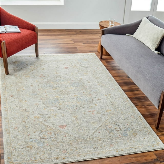 Livabliss Avant Garde Vintage Fringe Area Rug, 5'3" x 5'3", Medium Grey/Olive