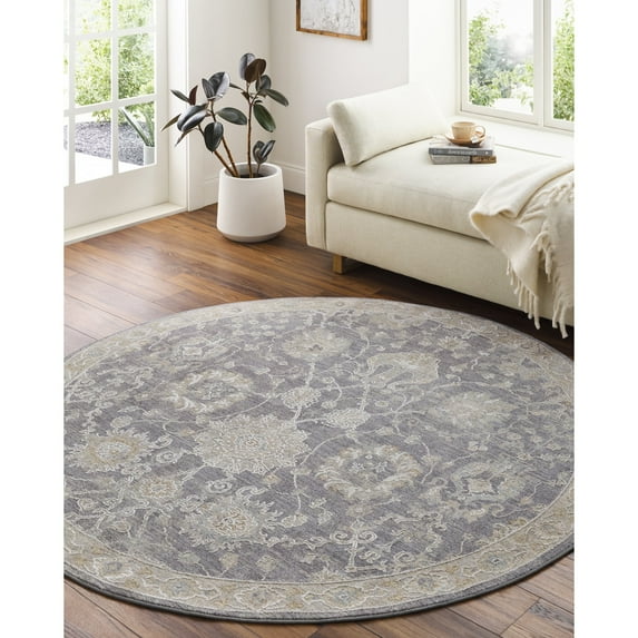 Livabliss Area Rugs for Living Room, 7ft Round Avant Garde Traditional Gray Round Rug, Bedroom Dining Room Home Decor Stain Resistant Carpet (6'7" x 6'7")