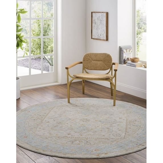 Livabliss Area Rugs for Living Room, 7ft Round Avant Garde Traditional Taupe Round Rug, Bedroom Dining Room Home Decor Stain Resistant Carpet (6'7" x 6'7")