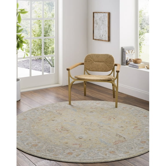 Livabliss Area Rugs for Living Room, 7ft Round Avant Garde Traditional Light Olive Round Rug, Bedroom Dining Room Home Decor Stain Resistant Carpet (6'7" x 6'7")