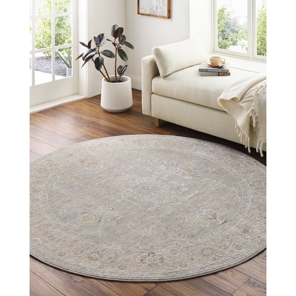 Livabliss Area Rugs for Living Room, 7ft Round Avant Garde Traditional Gray Round Rug, Bedroom Dining Room Home Decor Stain Resistant Carpet (6'7" x 6'7")
