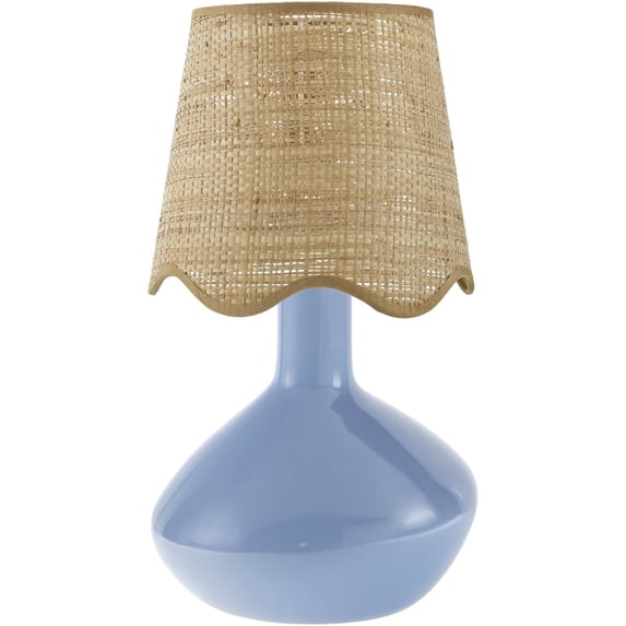 Livabliss Aviara Rustic Accent Table Lamp, 15-inch, Blue with Wheat Scalloped Shade