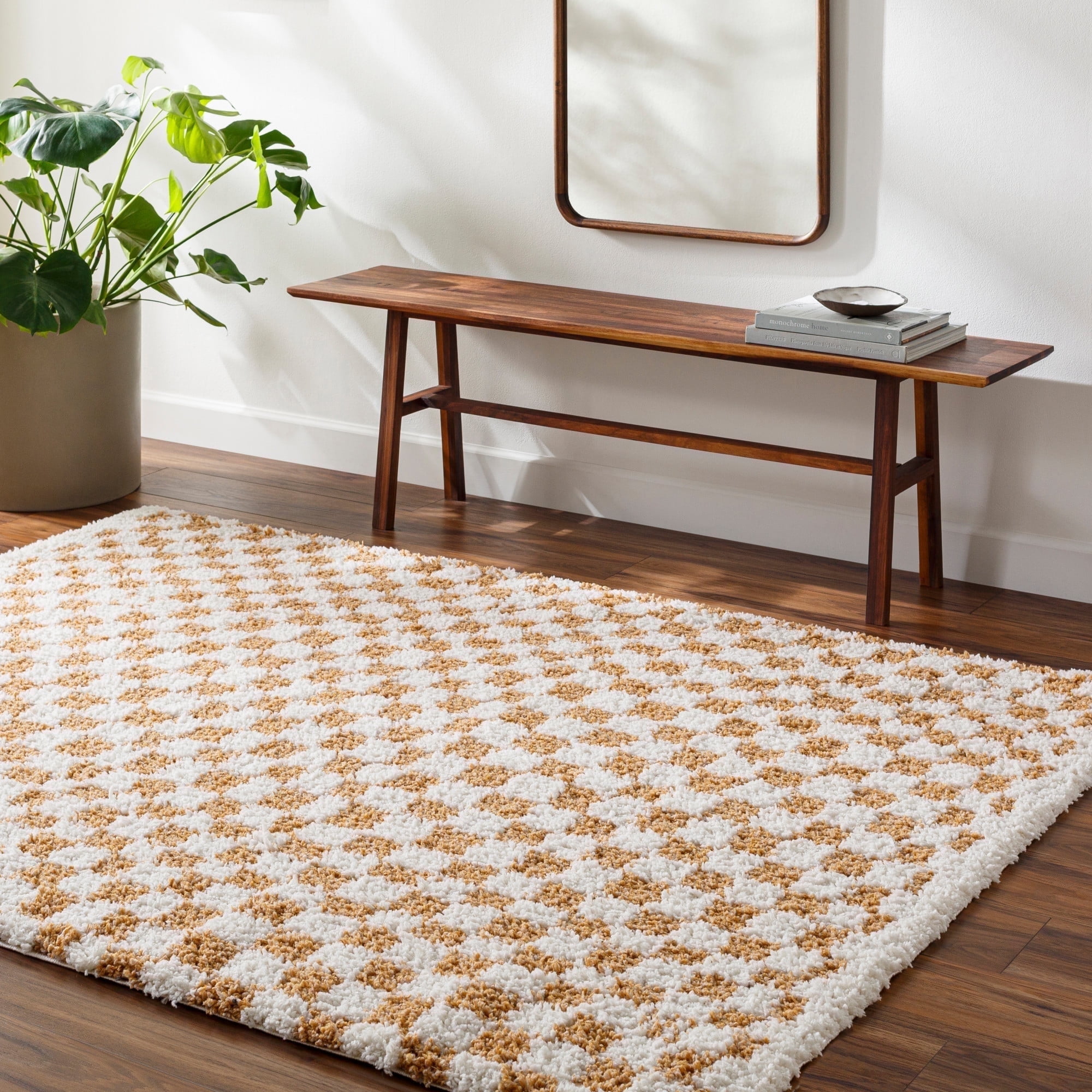 Tan and White Checkered Rectangular Shag Area Rug, 7'10" x 10'