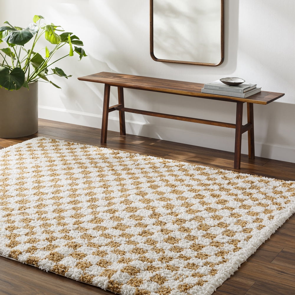 Ivory Checkered Shaggy 6'7" Synthetic Area Rug