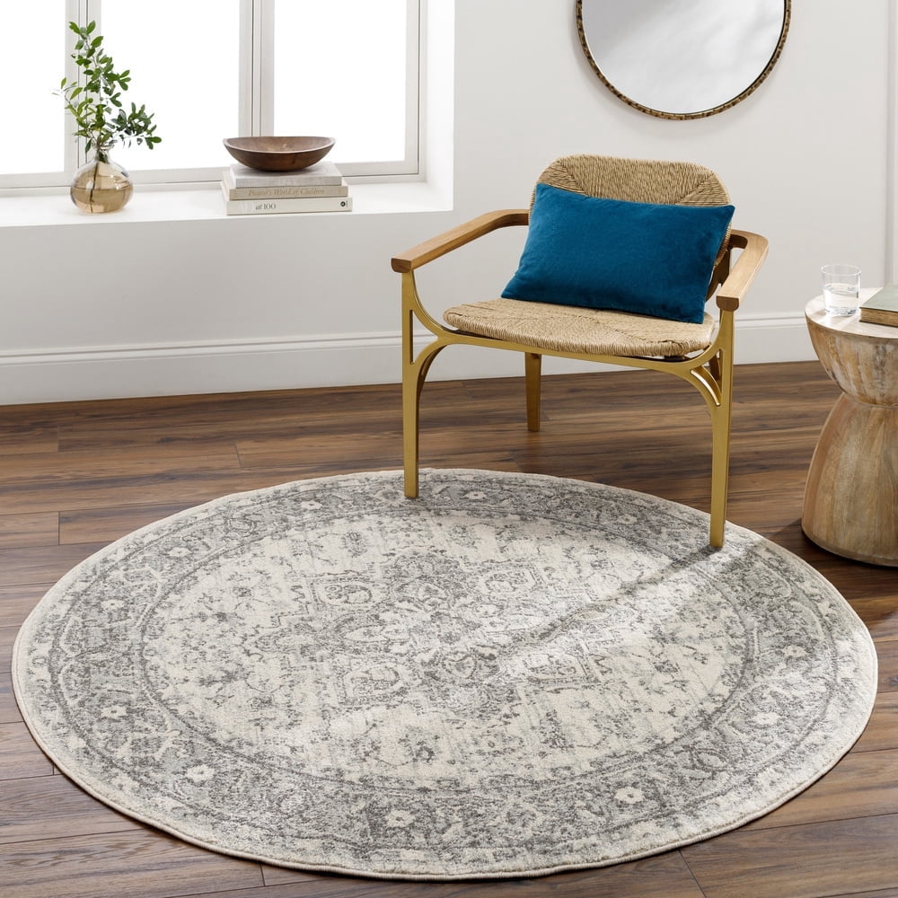 Livabliss Area Rugs for Living Room, 5ft Round Chester Traditional Gray Round Rug, Bedroom Dining Room Home Decor Stain Resistant Carpet (5'3" x 5'3")