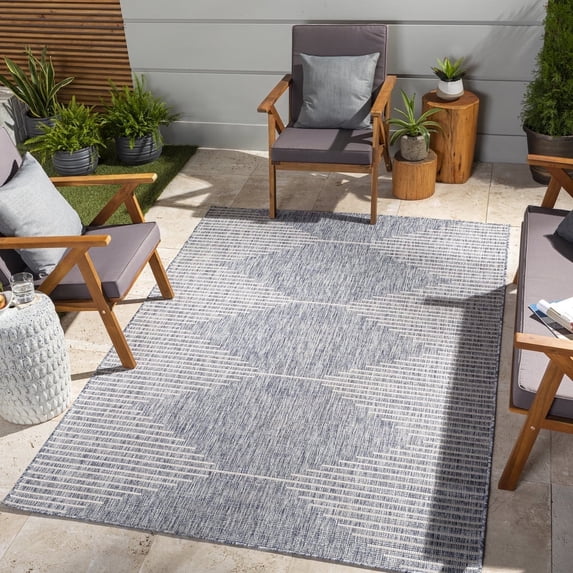 Livabliss Outdoor Rugs, 5ft Round Eagean Global Navy Round Area Rug for Patio, Porch, Deck, Backyard, Waterproof Indoor Outdoor Carpet (5'3" x 5'3")