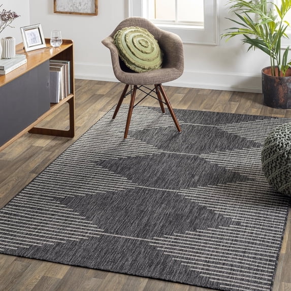 Livabliss Outdoor Rugs, 5x8 Eagean Global Black Area Rug for Patio, Porch, Deck, Backyard, Waterproof Indoor Outdoor Carpet (5'3" x 7'7")