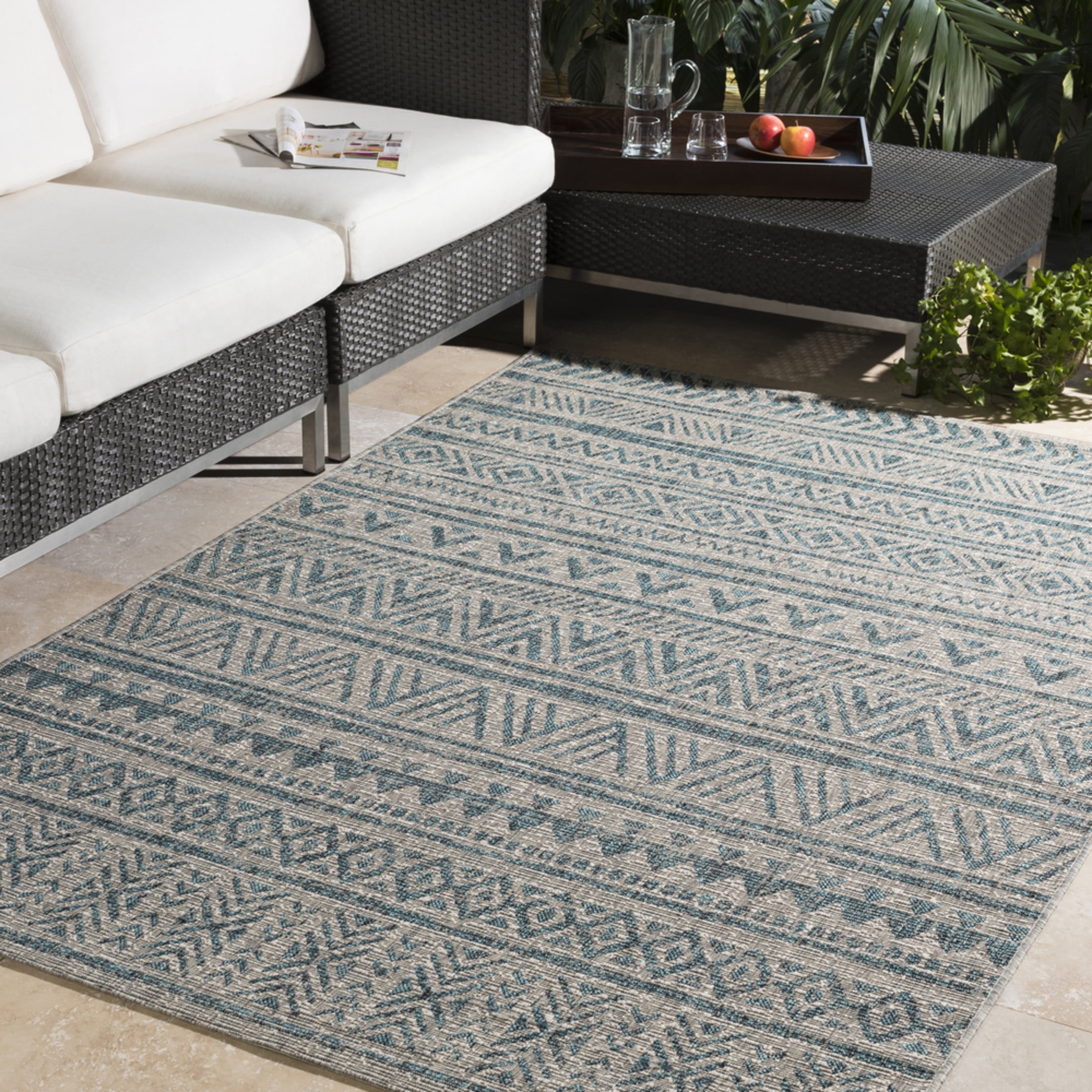 Livabliss Outdoor Rugs, 7ft Round Eagean Global Green Square Area Rug for Patio, Porch, Deck, Backyard, Waterproof Indoor Outdoor Carpet (6'7" x 6'7")