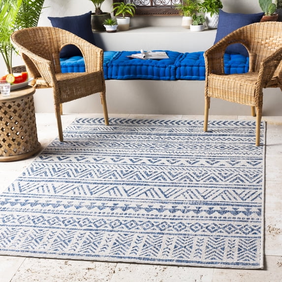 Livabliss Outdoor Rugs, 7ft Round Eagean Global Blue Square Area Rug for Patio, Porch, Deck, Backyard, Waterproof Indoor Outdoor Carpet (6'7" x 6'7")