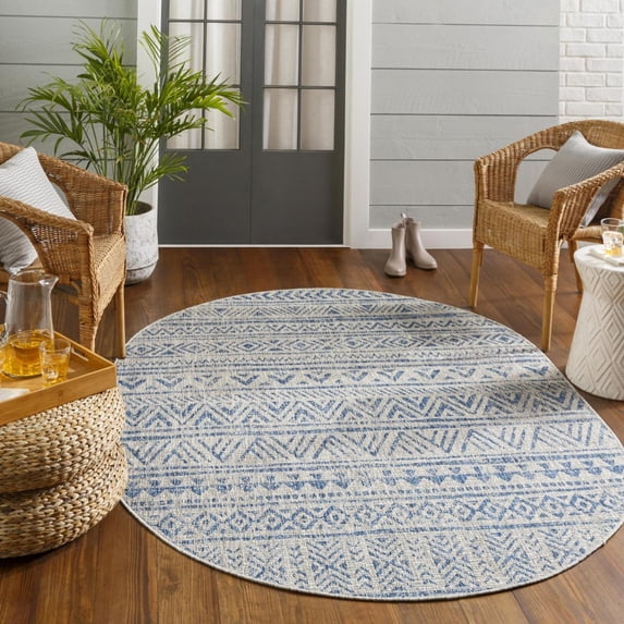 Livabliss Outdoor Rugs, 7x9 Eagean Global Blue Oval Area Rug for Patio, Porch, Deck, Backyard, Waterproof Indoor Outdoor Carpet (6'7" x 9')