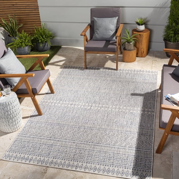 Livabliss Outdoor Rugs, 9ft Round Eagean Global Navy Round Area Rug for Patio, Porch, Deck, Backyard, Waterproof Indoor Outdoor Carpet (7'10" x 7'10")