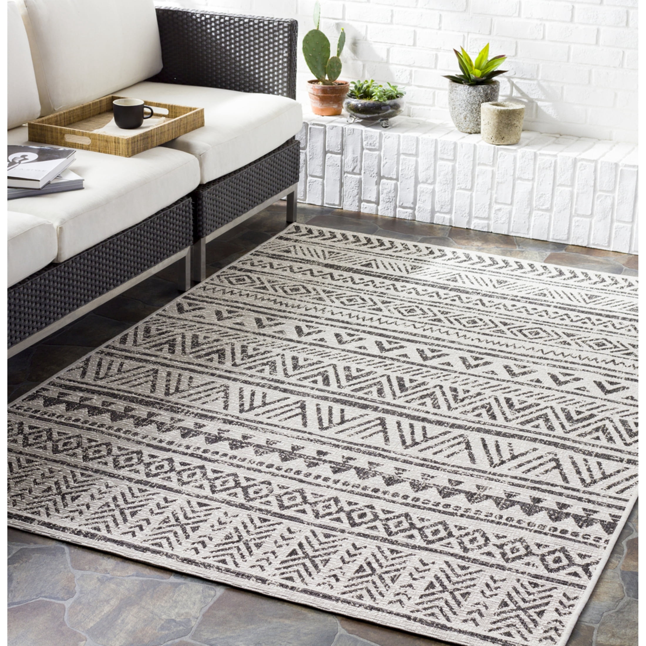 Livabliss Outdoor Rugs, 9x12 Eagean Global Black Area Rug for Patio, Porch, Deck, Backyard, Waterproof Indoor Outdoor Carpet (8'10" x 12')