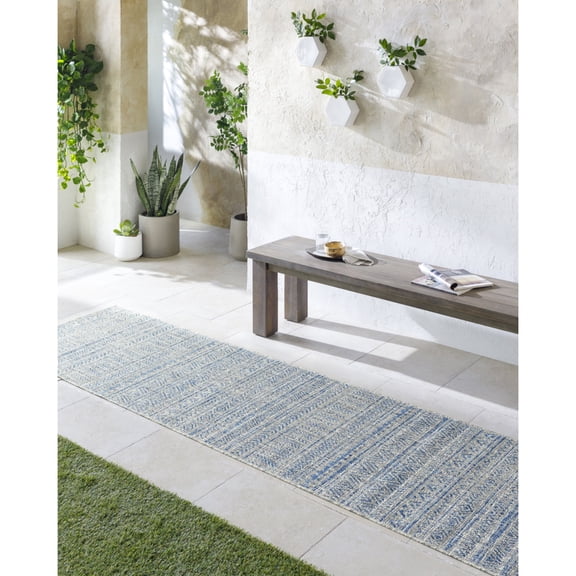 Livabliss Outdoor Rugs, 3x10 Eagean Global Blue Runner Area Rug for Patio, Porch, Deck, Backyard, Waterproof Indoor Outdoor Carpet (2'7" x 10' Runner)
