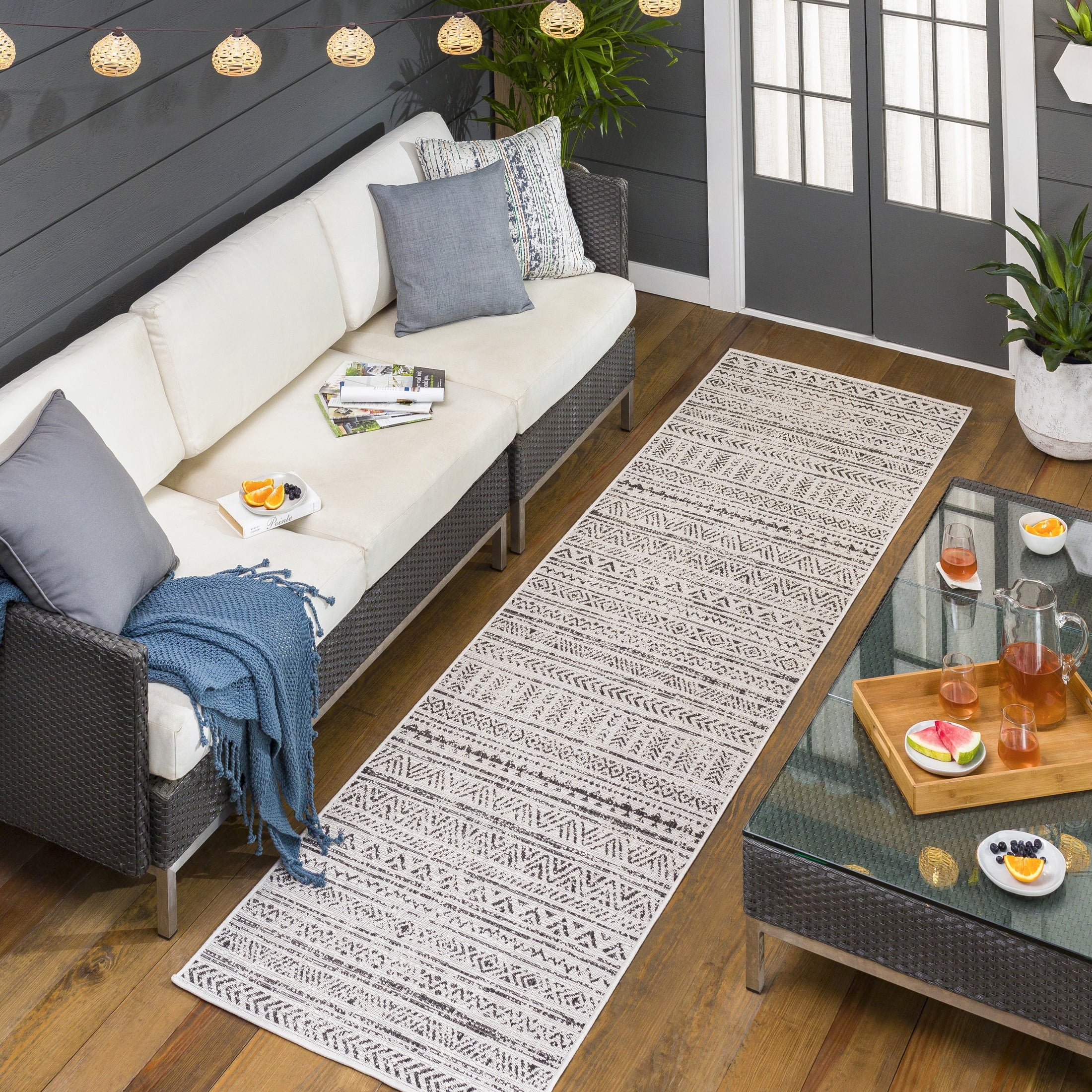 Livabliss Outdoor Rugs, 3x12 Eagean Global Black Runner Area Rug for Patio, Porch, Deck, Backyard, Waterproof Indoor Outdoor Carpet (2'8" x 12' Runner)