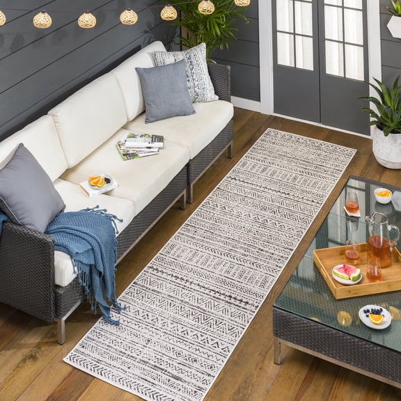 Livabliss Outdoor Rugs, 3x12 Eagean Global Black Runner Area Rug for Patio, Porch, Deck, Backyard, Waterproof Indoor Outdoor Carpet (2'8" x 12' Runner)