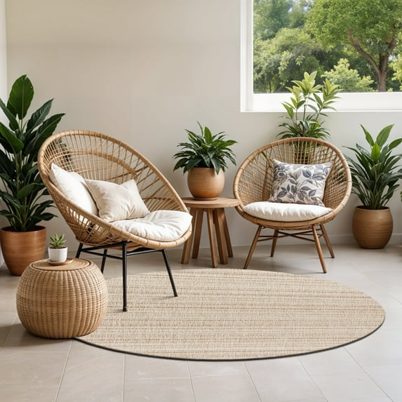 Livabliss Outdoor Rugs, 7ft Round Eagean Global Light Beige Round Area Rug for Patio, Porch, Deck, Backyard, Waterproof Indoor Outdoor Carpet (6'7" x 6'7")