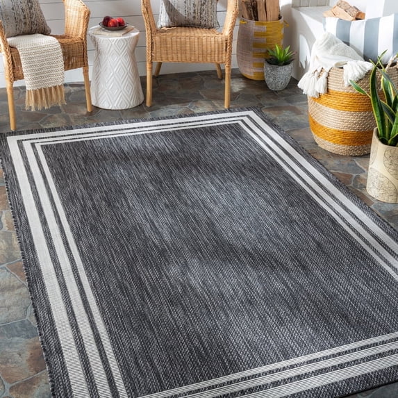 Livabliss Outdoor Rugs, 7x9 Eagean Traditional Charcoal Area Rug for Patio, Porch, Deck, Backyard, Waterproof Indoor Outdoor Carpet (6'7" x 9')