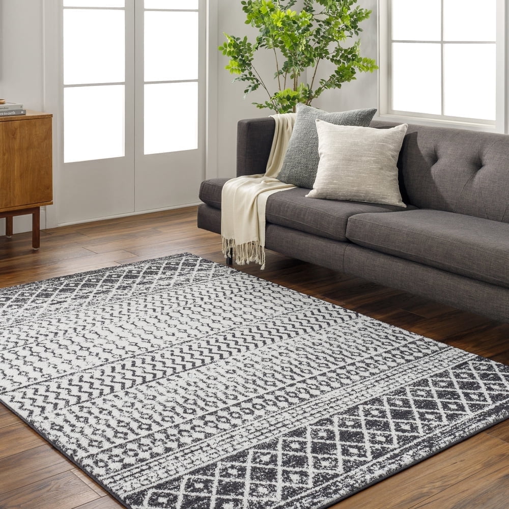 Black and White 5' x 7' Moroccan Pattern Synthetic Area Rug